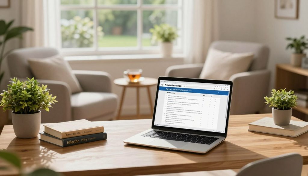 A cozy, well-organized home office setting designed for a recovery management program. In the foreground, a modern wooden desk with a laptop open to a recovery optimization plan, surrounded by neatly arranged wellness books and a plant for a touch of nature. The middle features a soft, inviting armchair and a small side table with a cup of herbal tea, symbolizing comfort and care. The background shows a window with natural light streaming in, highlighting a serene garden outside. The lighting is warm and tranquil, emphasizing a sense of calm and focus, evoking feelings of hope and healing. The overall atmosphere should be supportive, nurturing, and inspiring for those seeking to build their home care plan.