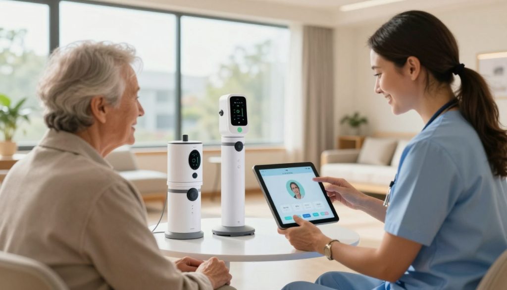 A modern nursing home interior showcasing innovative eldercare technologies in action. In the foreground, a friendly caregiver, dressed in professional attire, assists an elderly resident using a tablet with a telehealth application. In the middle, various high-tech devices can be seen, like automated medication dispensers and wearable health monitors, indicating a focus on technology-enhanced care. The background features large windows allowing abundant natural light to flood the room, creating a warm and inviting atmosphere. Soft shadows add depth, while warm colors evoke a sense of comfort and safety. The scene illustrates a harmonious blend of compassion and cutting-edge technology aimed at improving eldercare outcomes.