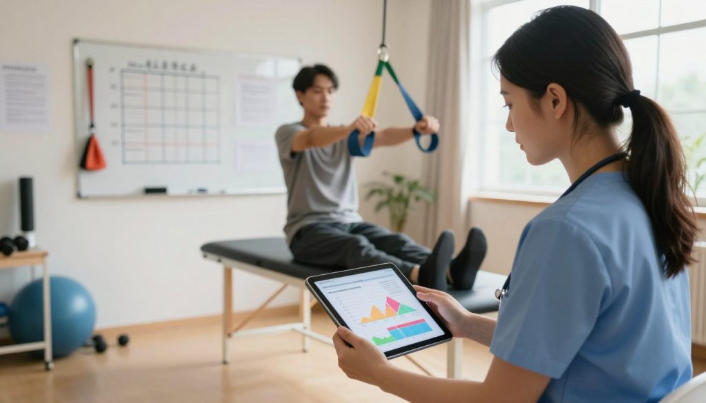 A professional and serene rehabilitation clinic scene focusing on progress tracking. In the foreground, a healthcare professional in smart casual attire reviews a digital tablet displaying colorful graphs and progress notes. The middle ground features a rehabilitating patient performing exercises with assistance, showcasing determination and improvement, surrounded by supportive equipment like resistance bands and weights. In the background, a whiteboard is filled with charts and notes documenting the patient's journey, warmly lit by soft, natural light streaming in from a window. The atmosphere is encouraging and focused, emphasizing the importance of tracking progress and adjusting rehabilitation programs. The overall composition should exude a sense of hope, motivation, and professionalism.
