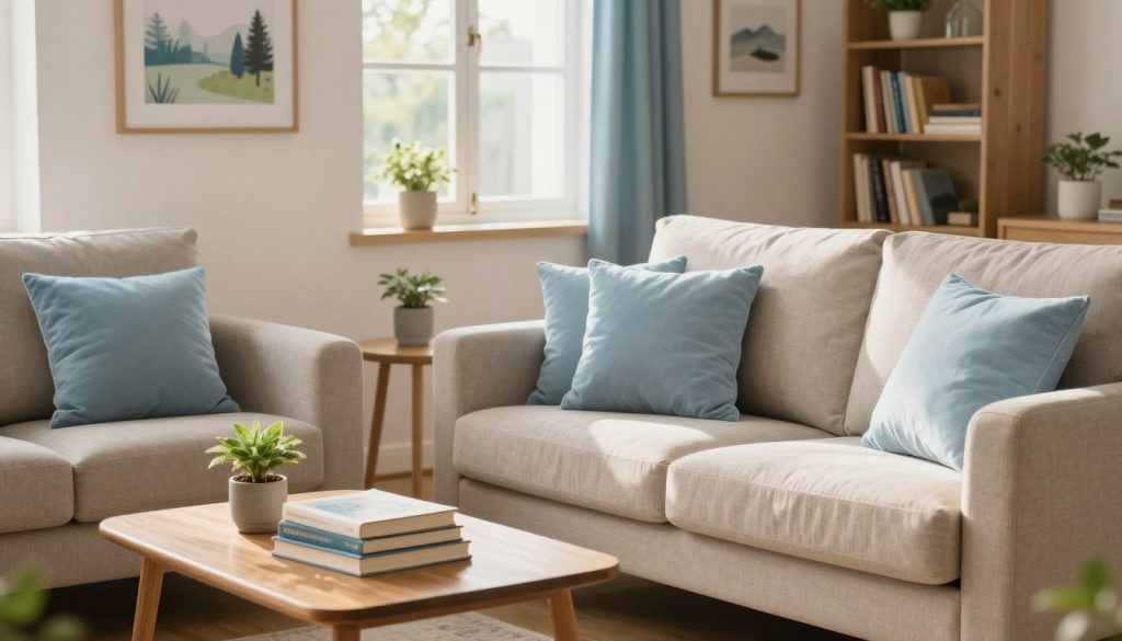 A serene home recovery environment featuring a cozy, well-lit living room. In the foreground, a soft, beige sofa adorned with light blue cushions sits invitingly. A small wooden coffee table holds a stack of recovery books and a healing plant. In the middle, a window allows gentle sunlight to stream in, casting warm, natural light across the scene. On the wall, calming artwork of nature creates a peaceful backdrop. In the background, a bookshelf filled with inspiring reads complements the inviting atmosphere. The room is organized and tidy, reflecting tranquility and comfort, perfect for healing. The overall mood is soothing and rejuvenating, promoting a sense of well-being and recovery.