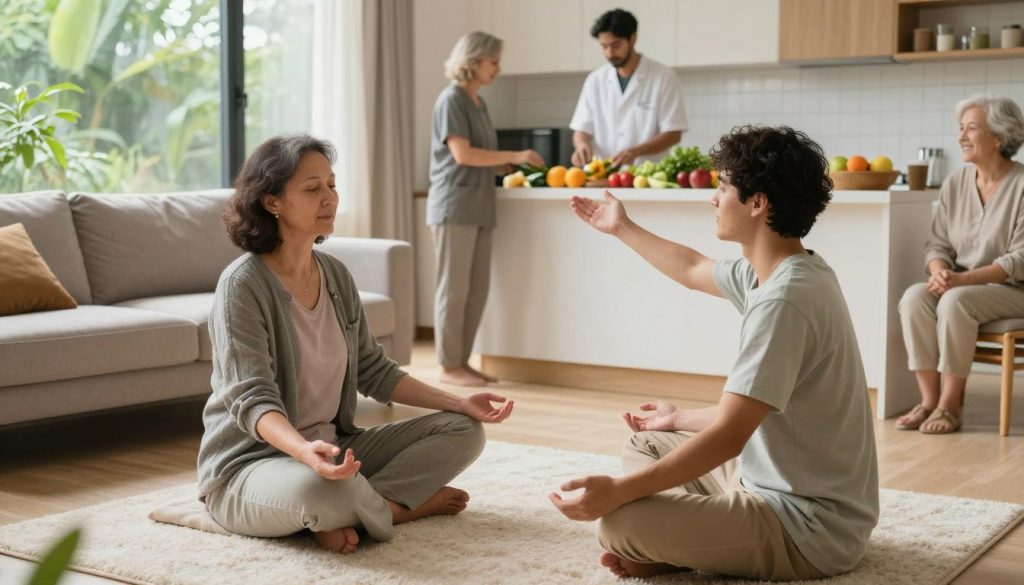 A serene living room setting bathed in soft, natural light, showcasing a diverse group of four caregivers engaged in dynamic, experimental caregiving routines. In the foreground, a middle-aged woman in comfortable yet professional attire gently demonstrates a mindfulness exercise to a young man sitting cross-legged on a plush rug, while a cheerful elderly woman looks on. In the middle ground, another caregiver, a man in casual clothing, is preparing a healthy meal in an open kitchen, surrounded by colorful fruits and vegetables. The background features large windows with greenery outside, evoking a sense of tranquility and connection with nature. The overall atmosphere is warm, inviting, and nurturing, emphasizing collaborative and innovative approaches to caregiving. Capture this moment from a slightly elevated angle to highlight the interaction and environment.
