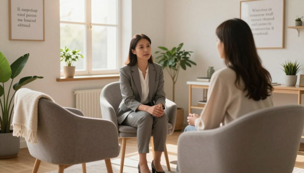 A serene, well-lit therapy room focused on mental wellness, featuring a modern yet comfortable therapy chair in the foreground, embellished with a soft throw blanket. In the middle, a professional therapist, dressed in modest business attire, attentively engages with a client seated across from them, both appearing relaxed and focused. Surrounding them are calming elements like plants, artwork, and motivational quotes on the walls that promote positivity. Through a window in the background, gentle sunlight filters in, casting a warm glow across the room, enhancing the welcoming atmosphere. The overall mood is one of tranquility, support, and empowerment, symbolizing effective rehabilitation support improvement methods for mental wellness, captured from a slightly angled perspective to give depth to the space.
