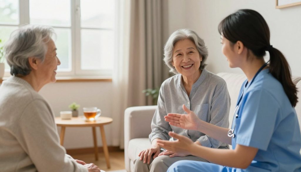 A warm and inviting scene showcasing effective communication in caregiving. In the foreground, a caregiver and a senior care recipient engage in a heartfelt conversation, both smiling and maintaining eye contact. The caregiver, depicted in a professional nursing uniform, gestures gently to emphasize understanding. In the middle ground, a cozy living room with soft lighting enhances the intimate atmosphere; a comfortable chair and a small table with a cup of tea illustrate a homey setting. The background features a large window with sunlight streaming in, casting a soft glow across the room, creating a sense of calm. The overall mood is one of compassion, trust, and connection, emphasizing the importance of communication in caregiving without distractions such as overlays or text.