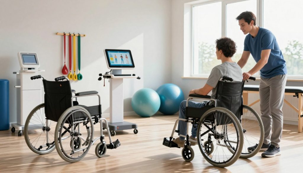 A well-lit rehabilitation center with various support tools and technology prominently displayed. In the foreground, a modern wheelchair with ergonomic design sits beside a sleek standing frame, showcasing innovations in mobility assistance. In the middle ground, a digital interface with touchscreen capabilities displays rehabilitation exercises next to resistance bands and therapy balls arranged orderly. The background features a large window illuminating the room with soft natural light, casting gentle shadows. A professional individual in smart casual attire works with a patient, demonstrating the use of technology in rehabilitation. The atmosphere conveys hope and progress, emphasizing the intersection of human empathy and technological advancement in rehabilitation support.