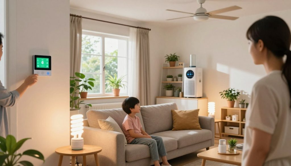 A bright and inviting living room that illustrates various energy-saving tips for the home, featuring a cozy sofa with energy-efficient LED lamps on side tables casting a warm glow. In the foreground, a family member adjusts a smart thermostat on the wall. In the middle ground, a window shows natural light streaming in, highlighting indoor plants, while energy-efficient curtains are drawn to control heat. The background features a ceiling fan and a shelf with energy-saving appliances. The setting is well-lit with soft, natural light, evoking a sense of comfort and practicality. The atmosphere is cheerful and hopeful, promoting sustainable living without clutter or distractions.