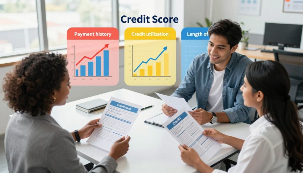 A concept illustration showcasing the factors that impact credit scores. In the foreground, a diverse group of three professionals, a Black woman, a Hispanic man, and a South Asian woman, are engaged in a discussion, each holding documents symbolizing credit reports and financial records. In the middle ground, a visual representation of three key factors—payment history, credit utilization, and length of credit history—depicted as colorful infographics, with graphs and charts illustrating trends. The background features a modern office setting with large windows letting in soft, natural light, creating an optimistic and informed atmosphere. The angle is slightly aerial, enhancing the focus on both the discussion and the visual aids, while maintaining clarity and professionalism. A concept illustration showcasing the factors that impact credit scores. In the foreground, a diverse group of three professionals, a Black woman, a Hispanic man, and a South Asian woman, are engaged in a discussion, each holding documents symbolizing credit reports and financial records. In the middle ground, a visual representation of three key factors—payment history, credit utilization, and length of credit history—depicted as colorful infographics, with graphs and charts illustrating trends. The background features a modern office setting with large windows letting in soft, natural light, creating an optimistic and informed atmosphere. The angle is slightly aerial, enhancing the focus on both the discussion and the visual aids, while maintaining clarity and professionalism.
