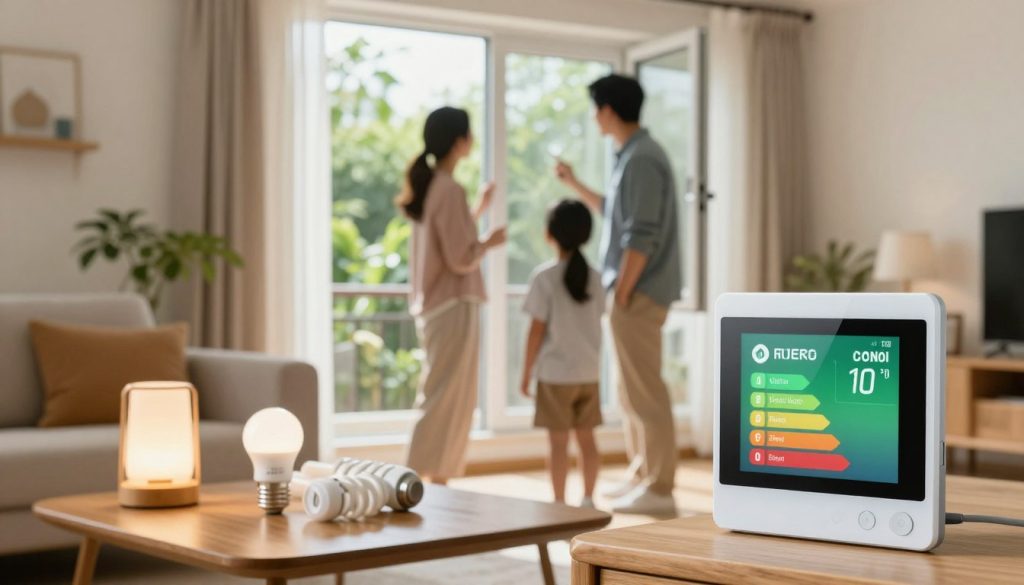 A cozy living room filled with natural light, emphasizing home energy efficiency. In the foreground, a modern eco-friendly thermostat displays energy-saving settings on its screen. On a wooden coffee table, there's a solar-powered lamp and a collection of energy-efficient LED bulbs. In the middle, a family—two adults and a child—are inspecting an energy-efficient window, dressed in casual yet professional clothing. They discuss its features, highlighting the double glazing and thermal efficiency. In the background, lush greenery is visible through the window, symbolizing a connection to nature. The scene is warm and inviting, with a soft, diffused light coming from multiple sources, creating a bright but comfortable atmosphere. The angle captures both the family and the window, suggesting practical upgrades for better home energy efficiency.