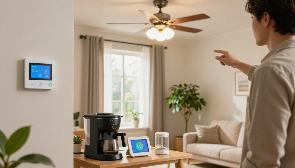 A cozy living room filled with natural light, showcasing energy-saving changes. In the foreground, a professional-looking person in modest casual clothing adjusts a programmable smart thermostat on a wall. In the middle, a window adorned with thermal curtains complements a ceiling fan with energy-efficient LED bulbs illuminating the space. On a nearby table, a collection of energy-efficient appliances, such as a low-power coffee maker and an energy monitor, adds context to the scene. In the background, a lush indoor plant enhances the atmosphere, symbolizing eco-friendliness. The lighting should be warm and inviting, giving a sense of comfort while emphasizing practical, low-cost improvements in home energy efficiency. The overall mood is optimistic and proactive, encouraging viewers to make easy changes.