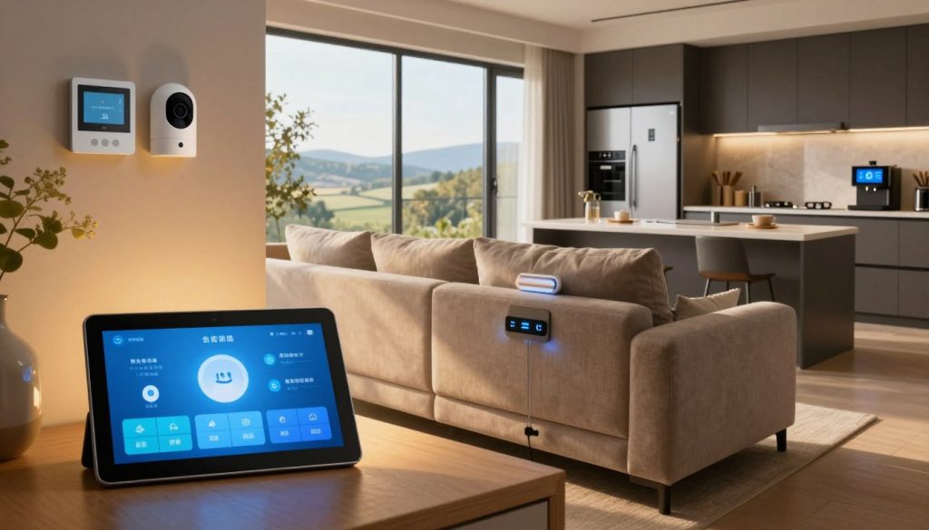 A cozy modern living room seamlessly integrated with smart home technology. In the foreground, a sleek tablet displays various smart controls, with soft ambient lighting casting a warm glow. In the middle, a comfortable sofa, equipped with built-in smart features like USB charging ports and mood lighting, faces a large window showing a scenic view. Smart devices like a thermostat and security camera are subtly integrated into the decor. In the background, an open kitchen showcases smart appliances like a voice-activated coffee maker and a refrigerator with a built-in screen. The atmosphere is inviting, illustrating the ease and comfort of a smart home, captured from a slightly elevated angle to enhance the spaciousness. The lighting is natural, with sunlight streaming in to highlight the harmony between technology and everyday living.