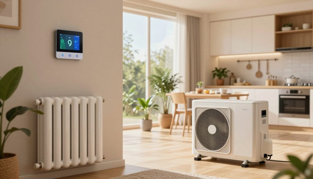 A cozy, modern living room showcasing efficient home heating and cooling tips. In the foreground, a stylish energy-efficient radiator and a sleek, eco-friendly air conditioning unit, both in elegant designs. The middle features a large window with natural light streaming in, illuminating potted plants that contribute to indoor air quality. A digital thermostat mounted on the wall displays an energy-saving setting. In the background, a light-filled kitchen with energy-efficient appliances adds to the atmosphere of sustainability. Soft, warm lighting creates a welcoming mood, and the scene is captured from a slightly elevated angle to provide an expansive view of the room. Overall, the image conveys comfort, innovation, and eco-friendliness, emphasizing practical solutions for efficient home heating and cooling.
