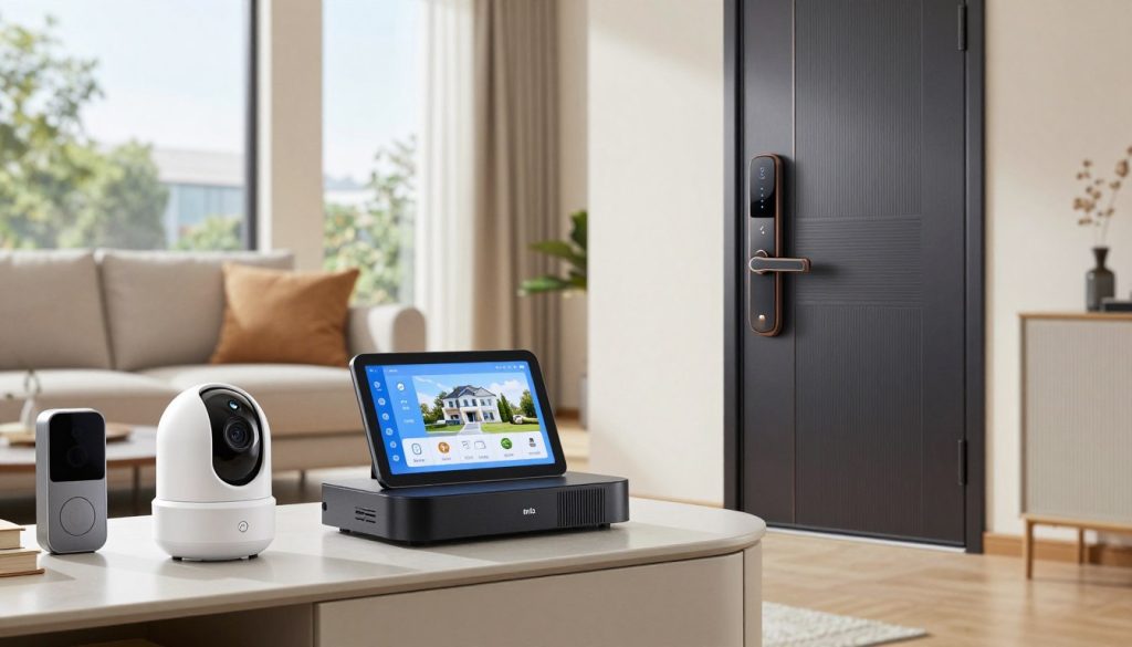 A modern living room showcasing the best smart home devices dedicated to security and peace of mind. In the foreground, a sleek smart security camera sits on a stylish console table, with a digital doorbell visible next to it. In the middle ground, a smart home hub displays a crystal-clear touchscreen interface, highlighting home monitoring features. Incorporate an automated smart lock on a grand front door, depicted with a soft glow from its LED indicator. In the background, a cozy sofa invites relaxation, with large windows revealing a serene outdoor setting. Use bright, natural lighting to create a welcoming atmosphere, with a shallow depth of field to gently blur the background, ensuring the focus remains on the smart devices in this safe, sophisticated space.