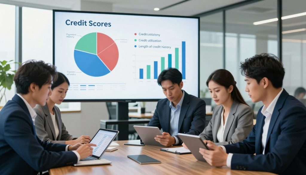 A professional office setting depicting factors affecting credit scores visually illustrated through various symbols. In the foreground, a diverse group of business professionals dressed in smart attire are analyzing credit data on digital tablets. The middle ground features a large screen displaying pie charts and bar graphs representing different elements like payment history, credit utilization, length of credit history, and types of credit. In the background, a modern office environment with large windows allowing natural light to pour in, casting soft reflections on the polished wooden floor. The atmosphere is focused and analytical, evoking a sense of professionalism and financial literacy. The lighting is bright yet soft, highlighting the expressions of concentration on the professionals' faces, while the overall color palette is calming with blues and greens, emphasizing trust and stability. A professional office setting depicting factors affecting credit scores visually illustrated through various symbols. In the foreground, a diverse group of business professionals dressed in smart attire are analyzing credit data on digital tablets. The middle ground features a large screen displaying pie charts and bar graphs representing different elements like payment history, credit utilization, length of credit history, and types of credit. In the background, a modern office environment with large windows allowing natural light to pour in, casting soft reflections on the polished wooden floor. The atmosphere is focused and analytical, evoking a sense of professionalism and financial literacy. The lighting is bright yet soft, highlighting the expressions of concentration on the professionals' faces, while the overall color palette is calming with blues and greens, emphasizing trust and stability.