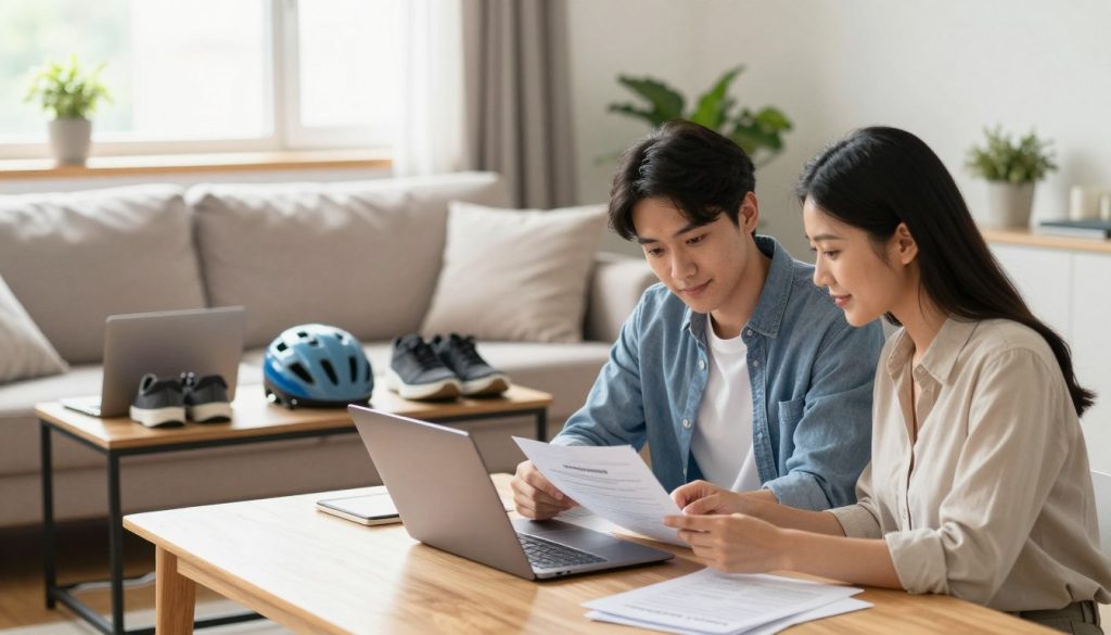 A serene living room scene showcasing the concept of renters insurance. In the foreground, a young professional couple sits at a wooden table, reviewing paperwork and a laptop, dressed in smart casual attire. On the middle shelf, items like a laptop, a bike helmet, and a pair of sneakers represent personal belongings that are covered by renters insurance. The background features a cozy sofa adorned with cushions, a window letting in soft, warm light, and a few potted plants, enhancing the inviting atmosphere. The lighting is bright and cheerful, creating a sense of security and assurance. The overall mood is calm and focused, reflecting the idea of understanding and managing renters coverage.