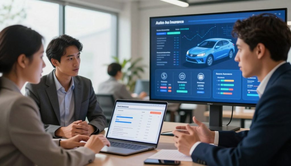 A split-screen visualization showcasing a peaceful, modern office environment on the left and a vibrant digital display on the right. In the foreground, a diverse group of professionals in business attire, including men and women, are engaged in an animated discussion over a laptop, analyzing auto insurance options. In the middle, the laptop screen displays comparison charts and graphs with icons representing different insurance companies and coverage types. In the background, the office features large windows with natural light streaming in, creating a warm atmosphere. Soft focus on the left side emphasizes collaboration while sharp detail on the right highlights data visualization. The mood is focused and collaborative, evoking a sense of clarity and professional engagement in the task of comparing auto insurance for better coverage and lower rates.