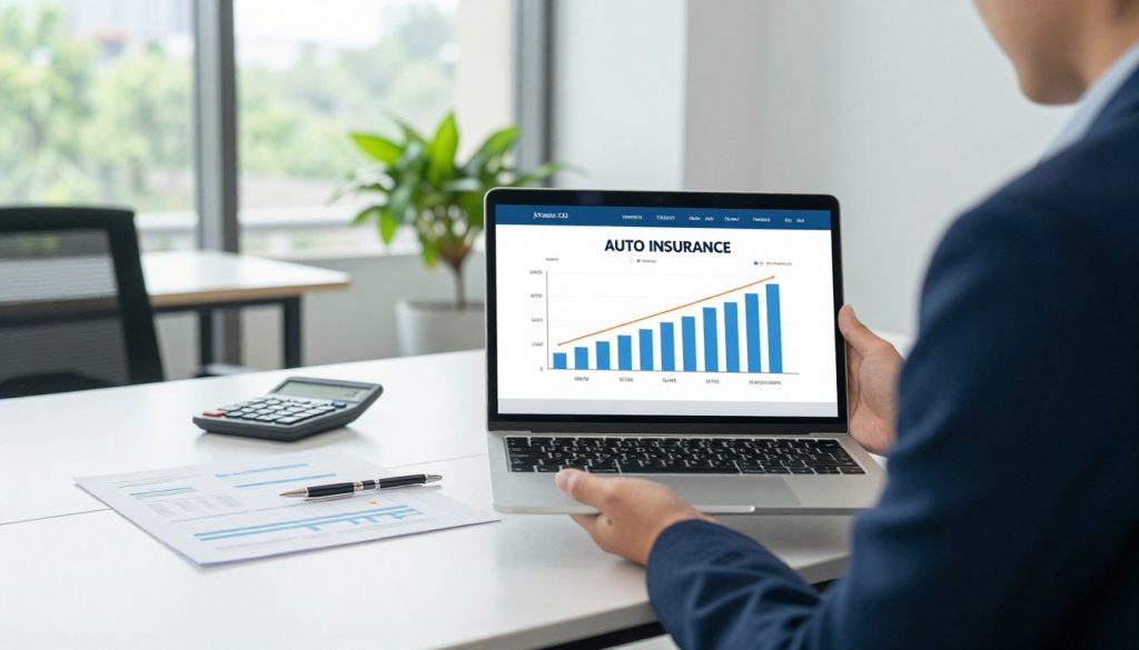 A visually appealing scene showcasing the concept of finding the best auto insurance rates. In the foreground, a confident individual dressed in professional business attire is holding a laptop, displaying a visually informative chart comparing different auto insurance rates. The middle ground features a stylish table with documents and a calculator, symbolizing careful analysis. In the background, a bright office environment with large windows allows natural light to illuminate the scene, enhancing a productive atmosphere. The color palette is vibrant yet professional, incorporating shades of blue and green to evoke trust and stability. The overall mood is focused and optimistic, emphasizing the importance of making informed decisions to save money on auto insurance.