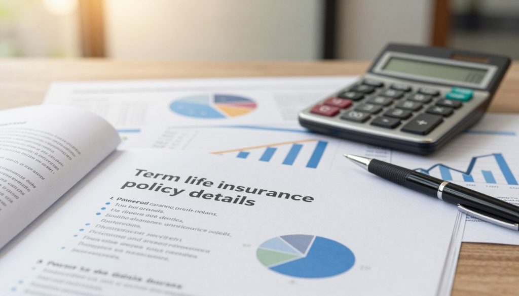 A visually engaging and informative layout illustrating "term life insurance policy details." In the foreground, display an open document featuring key facts about term life insurance costs and policy details with bullet points and charts, designed to look professional and clear. In the middle, arrange objects like a calculator, a pen, and financial graphs to represent analysis and decision-making. In the background, softly blurred images of a corporate office setting with warm, diffused lighting to create a calm and focused atmosphere. Set the angle to a slight overhead view, enhancing the sense of organization and clarity. The overall mood should be informative, professional, and reassuring, appealing to readers seeking financial guidance. A visually engaging and informative layout illustrating "term life insurance policy details." In the foreground, display an open document featuring key facts about term life insurance costs and policy details with bullet points and charts, designed to look professional and clear. In the middle, arrange objects like a calculator, a pen, and financial graphs to represent analysis and decision-making. In the background, softly blurred images of a corporate office setting with warm, diffused lighting to create a calm and focused atmosphere. Set the angle to a slight overhead view, enhancing the sense of organization and clarity. The overall mood should be informative, professional, and reassuring, appealing to readers seeking financial guidance.